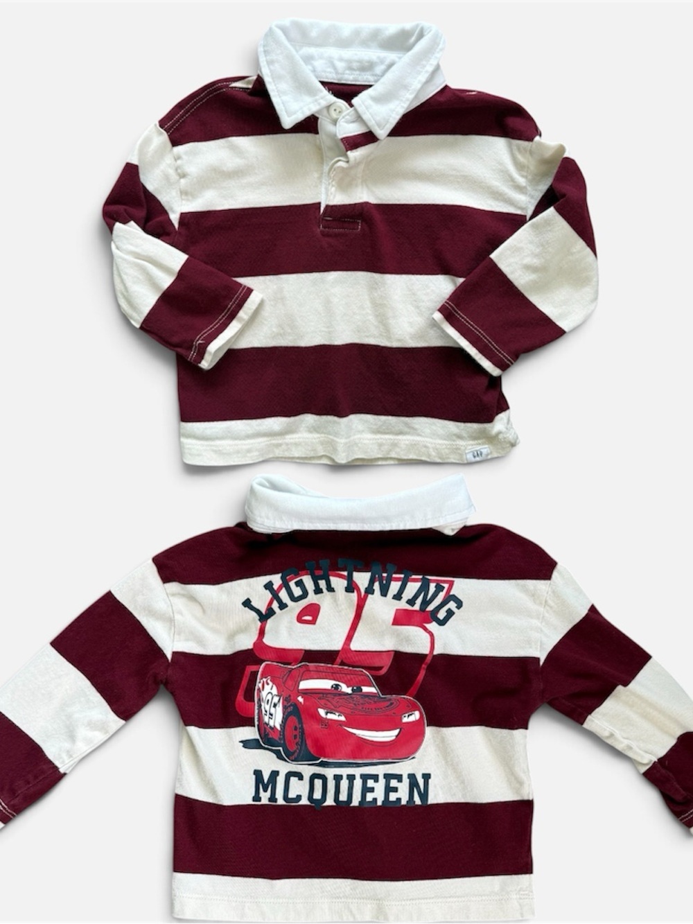 Baby Gap Disney Cars Lightning McQueen Rugby Polo Shirt Maroon Stripe 18-24M